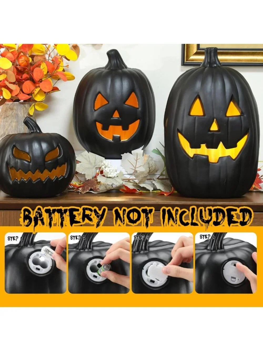 3 PCS Vintage Black Jack-o'-Lantern Decor - Halloween Pumpkin Lights for Indoor